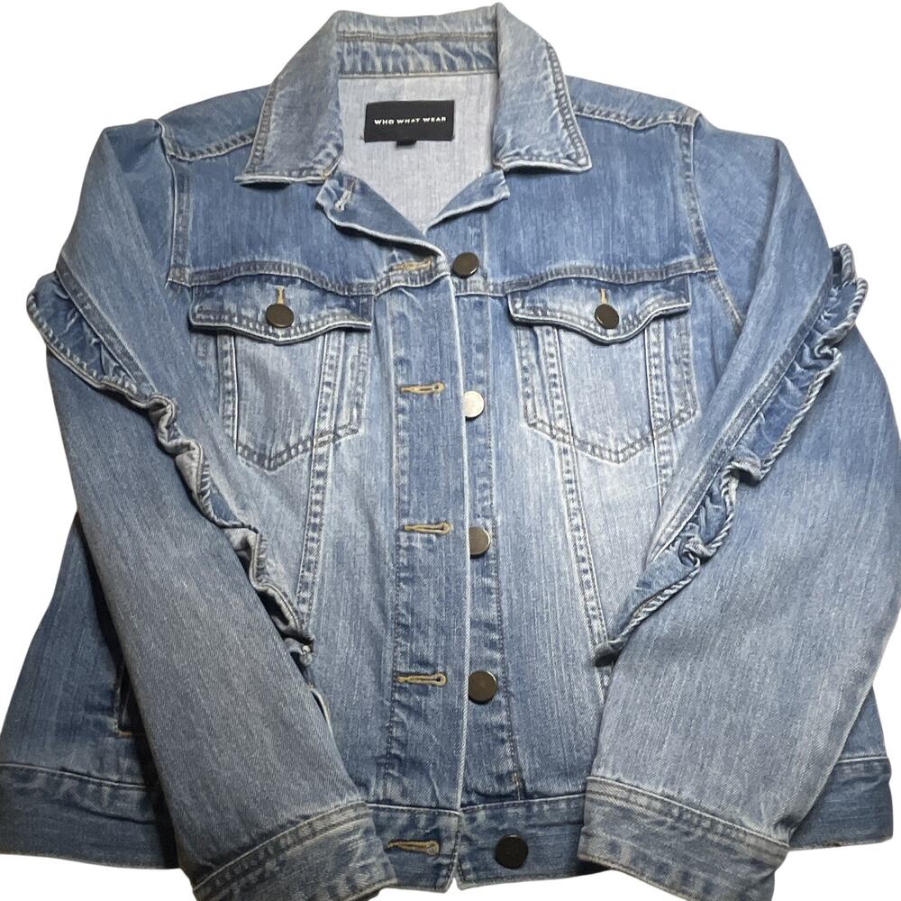 WHO WHAT WEAR Women's Blue Ruffle Trim Button-Front Collared Jacket Pockets M